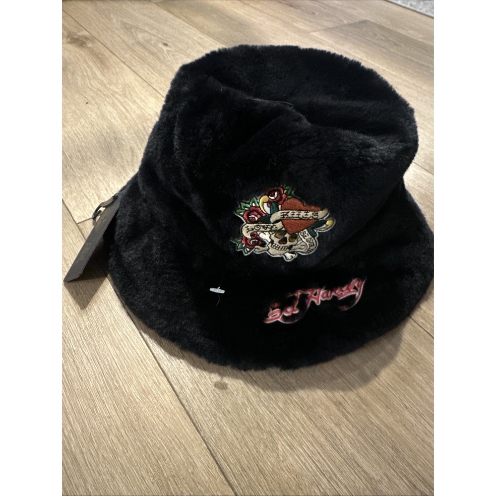 New Ed Hardy Embroidered Patch Love Kills Slowly Bucket Faux Fur Hat, Black, O/S